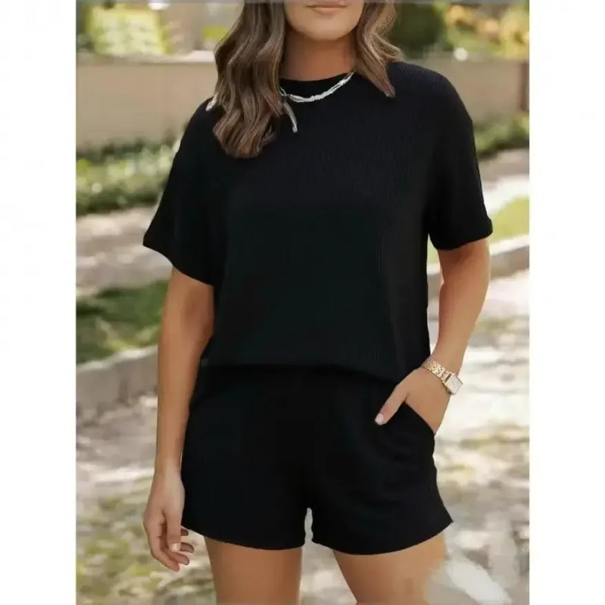 Women’s Ribbed Knit Lounge Set – Short Sleeve Top & High Waist Shorts