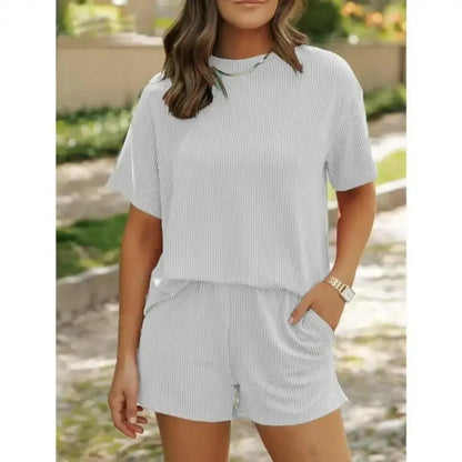 Women’s Ribbed Knit Lounge Set – Short Sleeve Top & High Waist Shorts