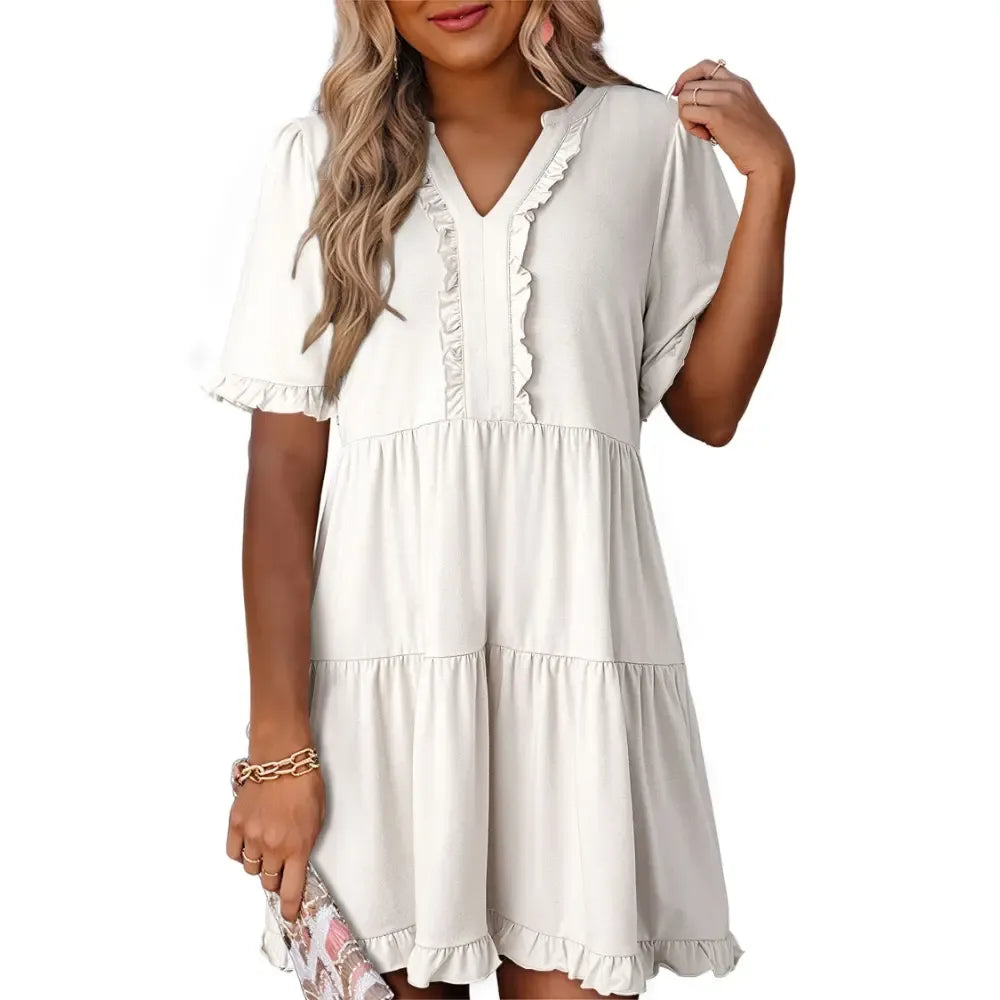 Dokotoo Womens Dresses 2026 Summer Spring V Neck Ruffle Short Sleeve Casual A-Line Flowy Swing Shift Dress Mini Dress