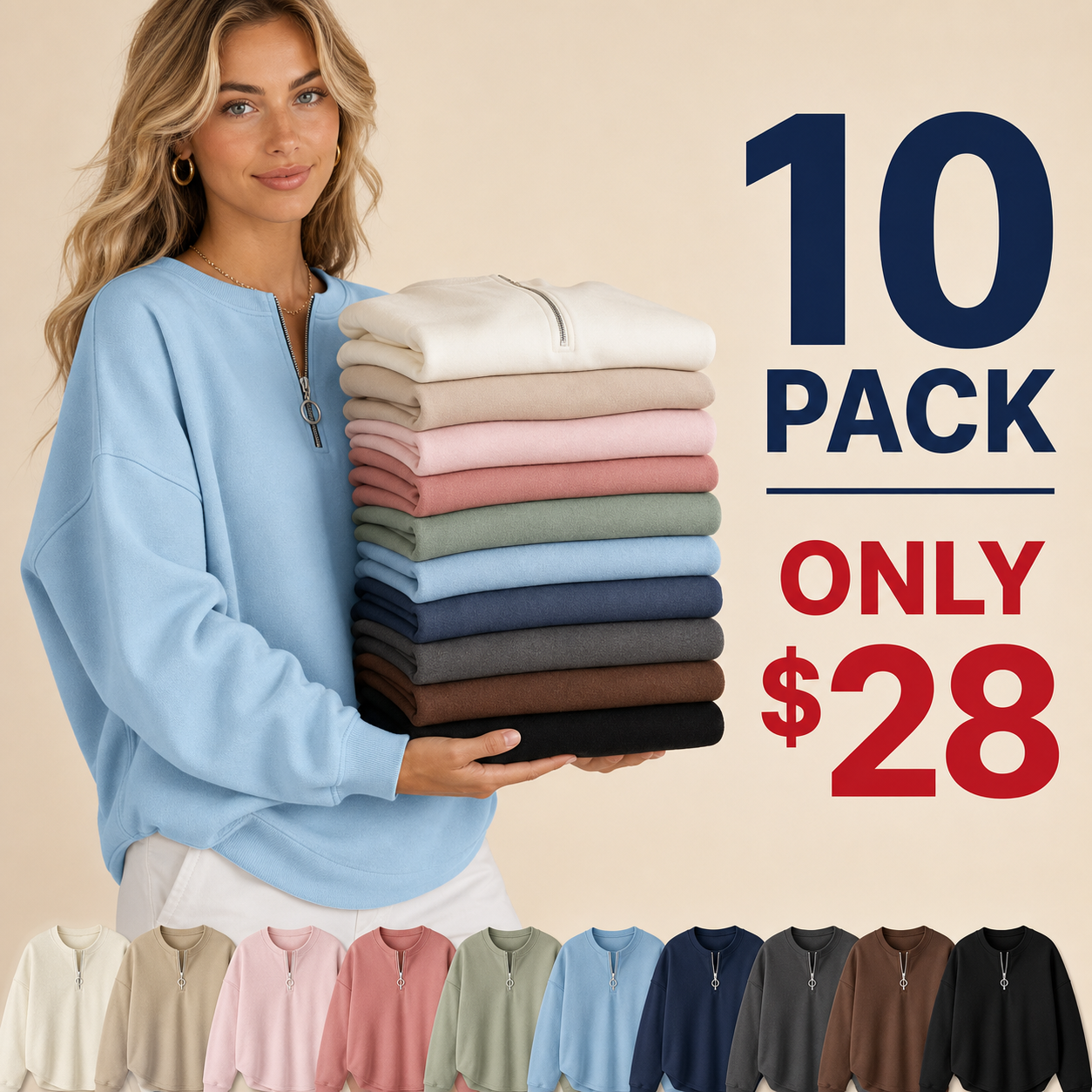 ⏰Final Clearance⚡10 Pack for $28⚡Women's Oversized Half-Zip Pullover