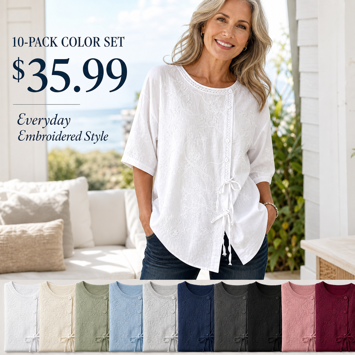 Women's Embroidered Tie-Front Short Sleeve Blouse