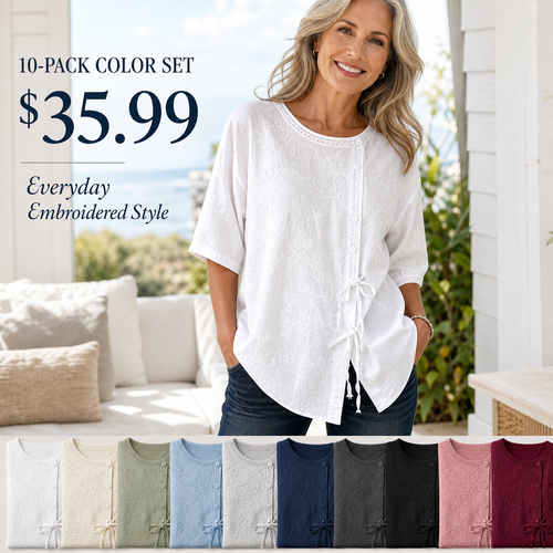 Women's Embroidered Tie-Front Short Sleeve Blouse