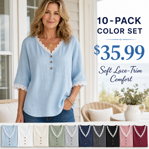 Women's Lace Trim V-Neck Button Short Sleeve Blouse