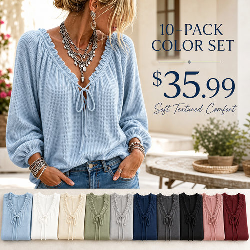 Women's Textured Knit V-Neck Tie-Front Long Sleeve Top