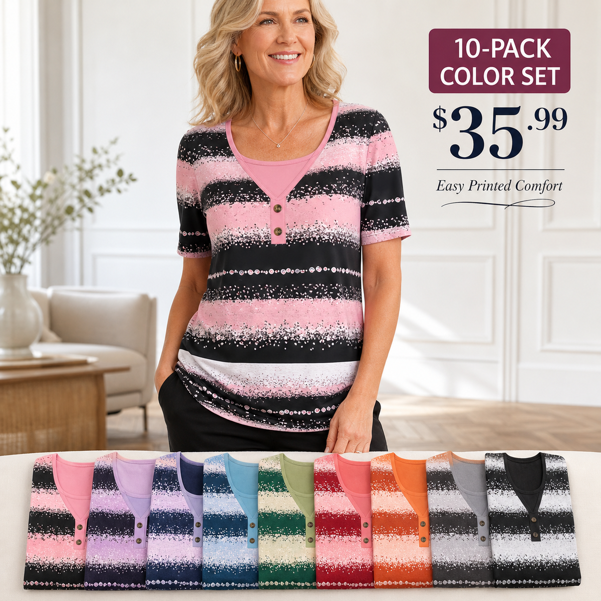 Women's Printed Stripe Short Sleeve Henley Top