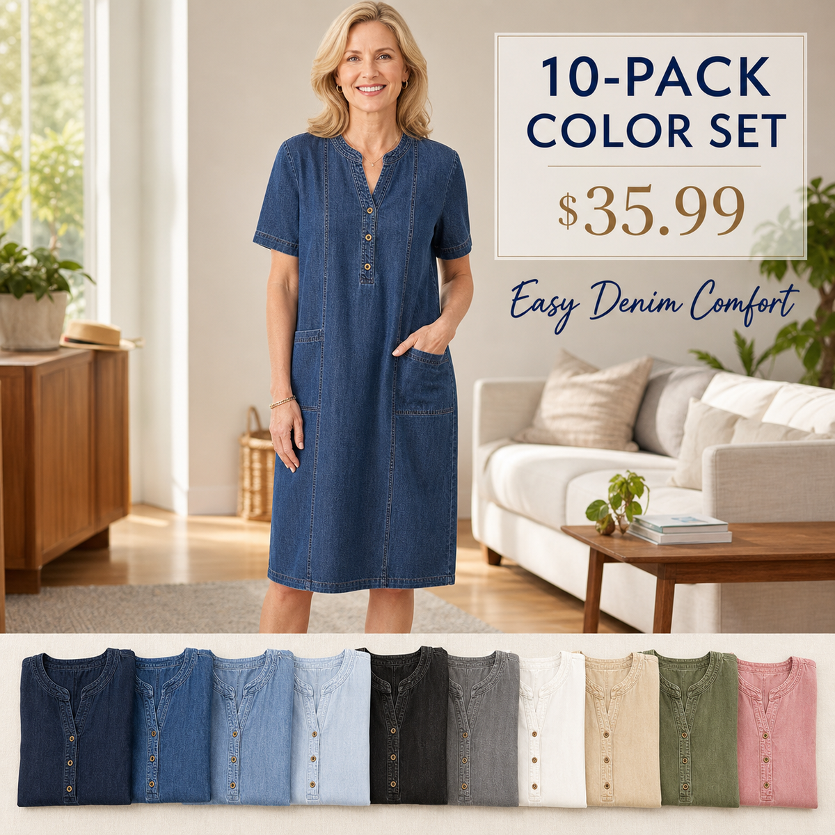 Women's Short Sleeve Denim Henley Pocket Dress
