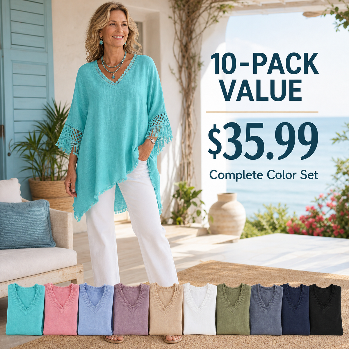 Women's Fringed Lace Sleeve V-Neck Tunic Top