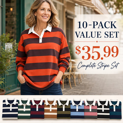 Women's Relaxed Striped Rugby Polo Long Sleeve Top