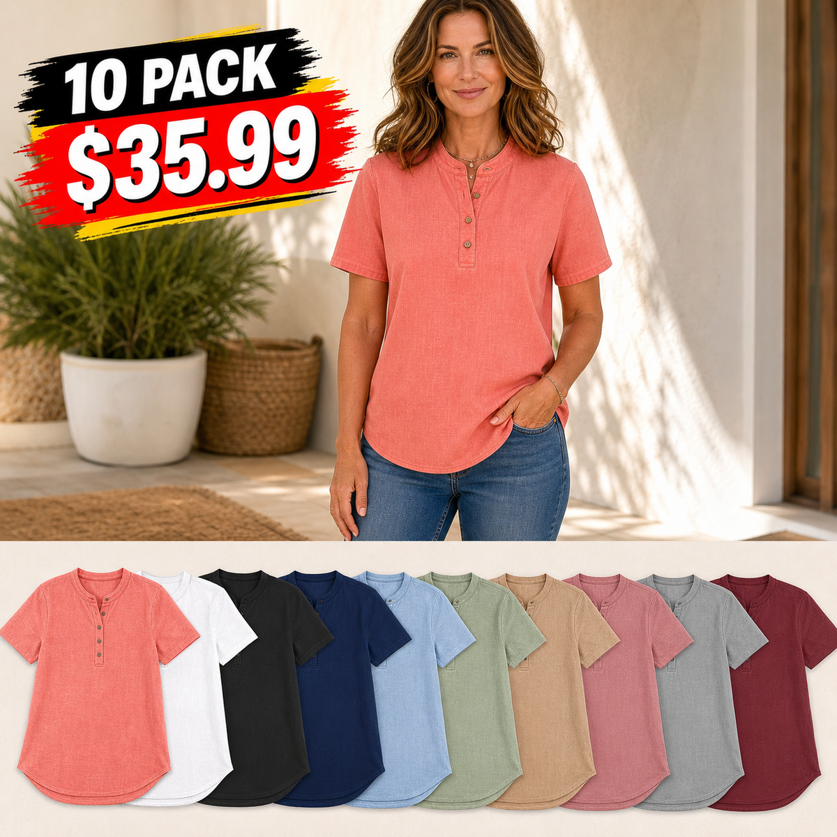 Women's Linen-Blend Short Sleeve Henley Top
