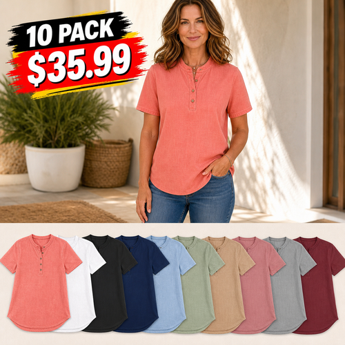Women's Linen-Blend Short Sleeve Henley Top