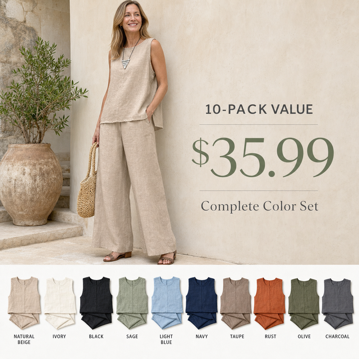 Women's Sleeveless Linen-Look Two-Piece Set