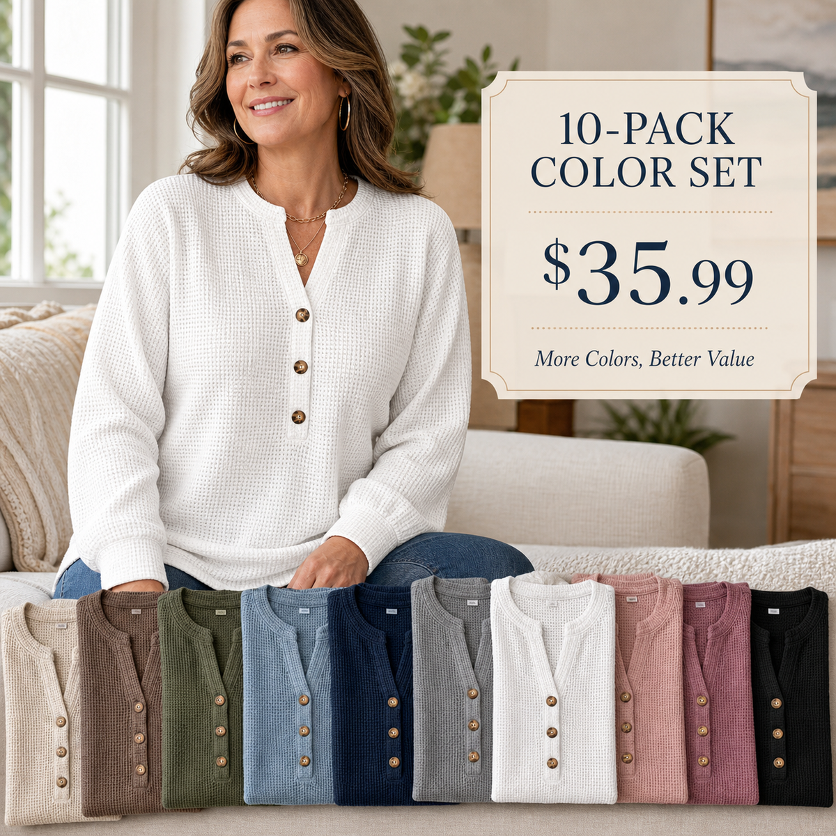 Women's Waffle Knit Long Sleeve Henley Top