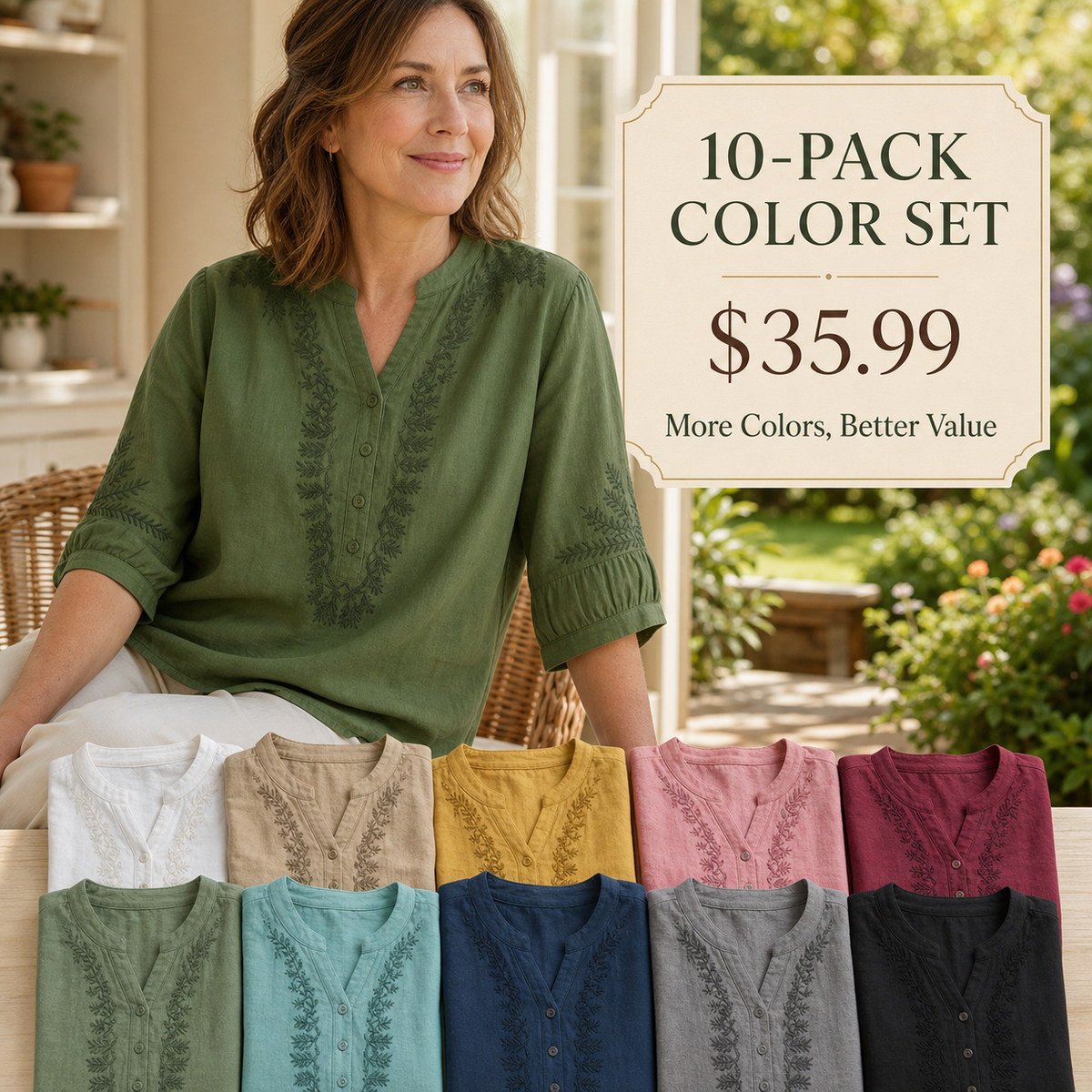 Women's Embroidered Linen-Look V-Neck Blouse
