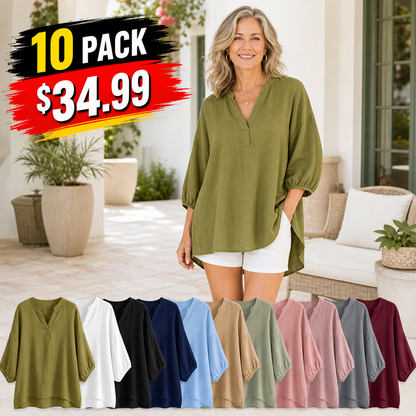 Women's Relaxed Linen-Blend V-Neck Tunic Blouse