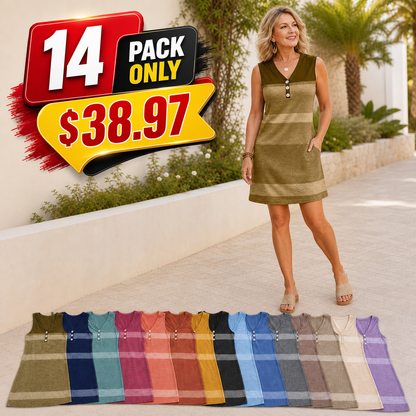 Women's Sleeveless Striped Henley Mini Dress