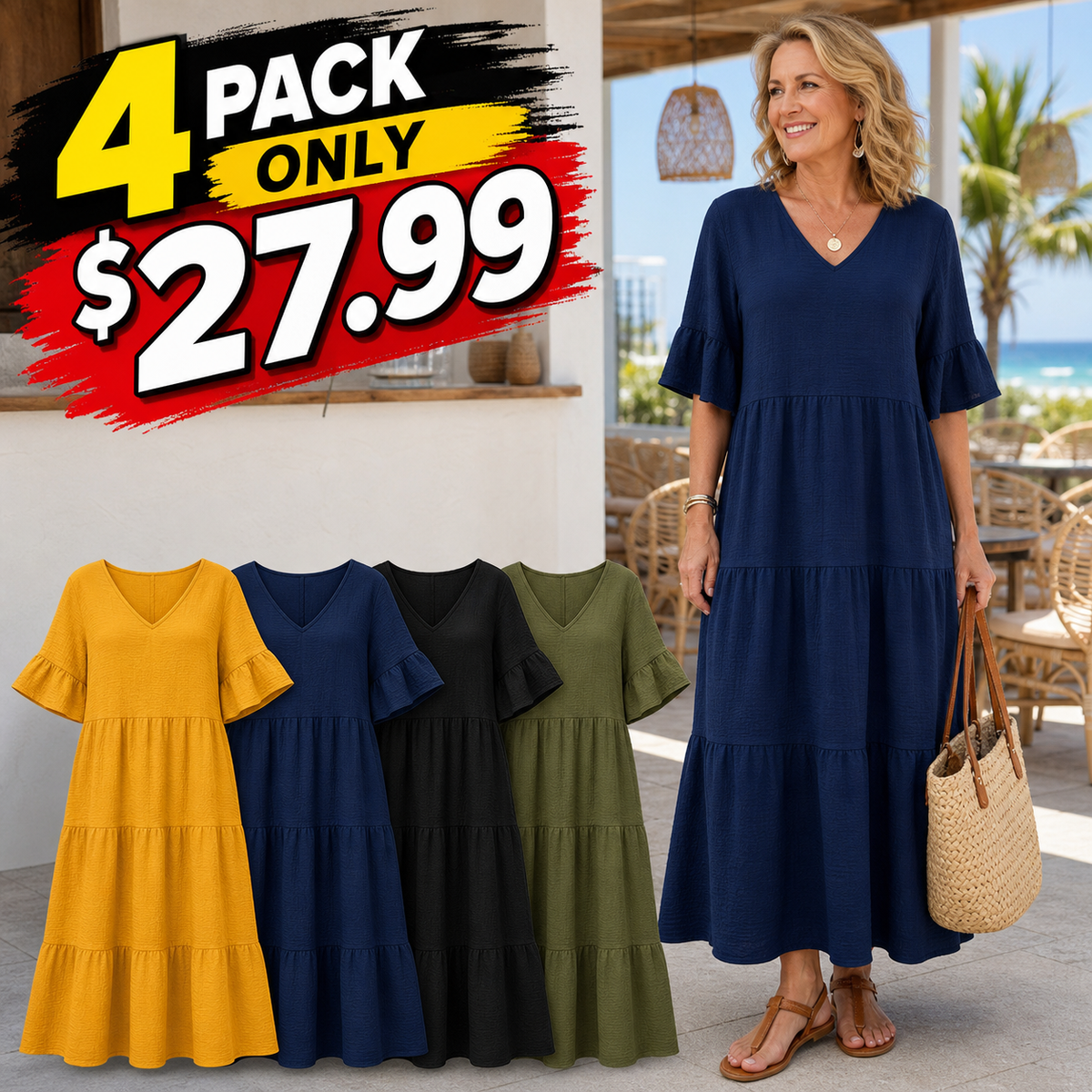 Women's Relaxed Tiered V-Neck Maxi Dress