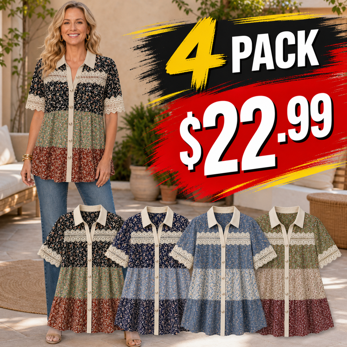 Women's Patchwork Lace Button-Front Blouse