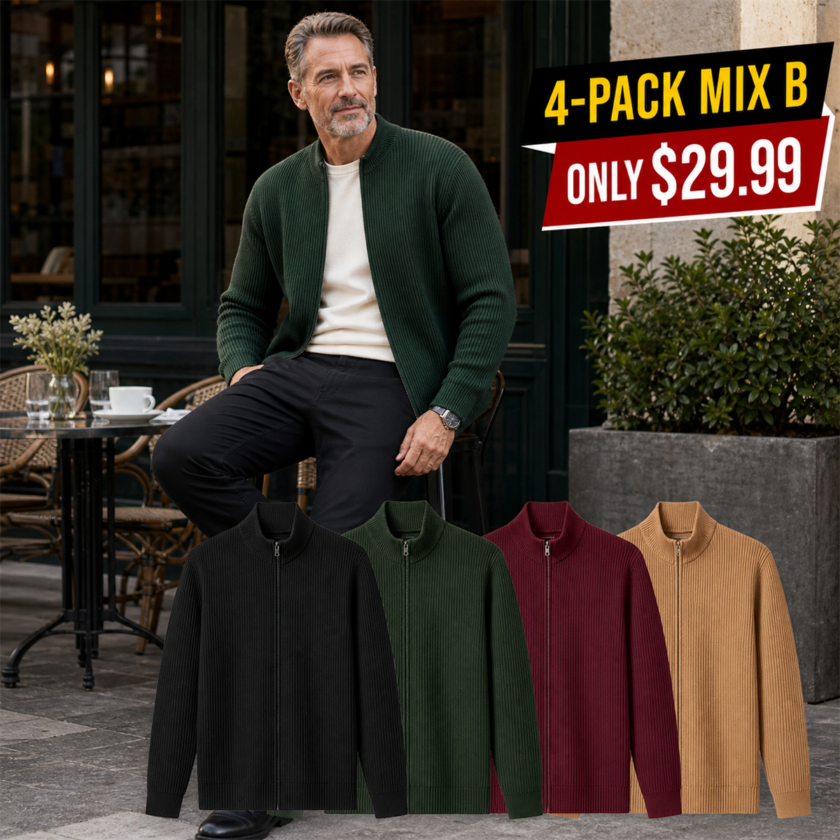 Men's Ribbed Full-Zip Stand-Collar Cardigan