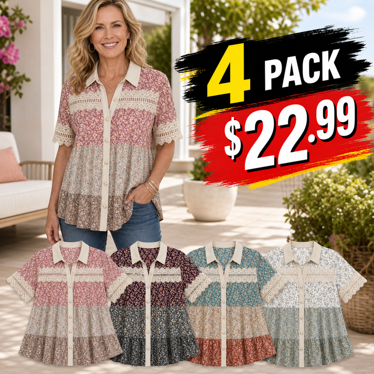 Women's Patchwork Lace Button-Front Blouse