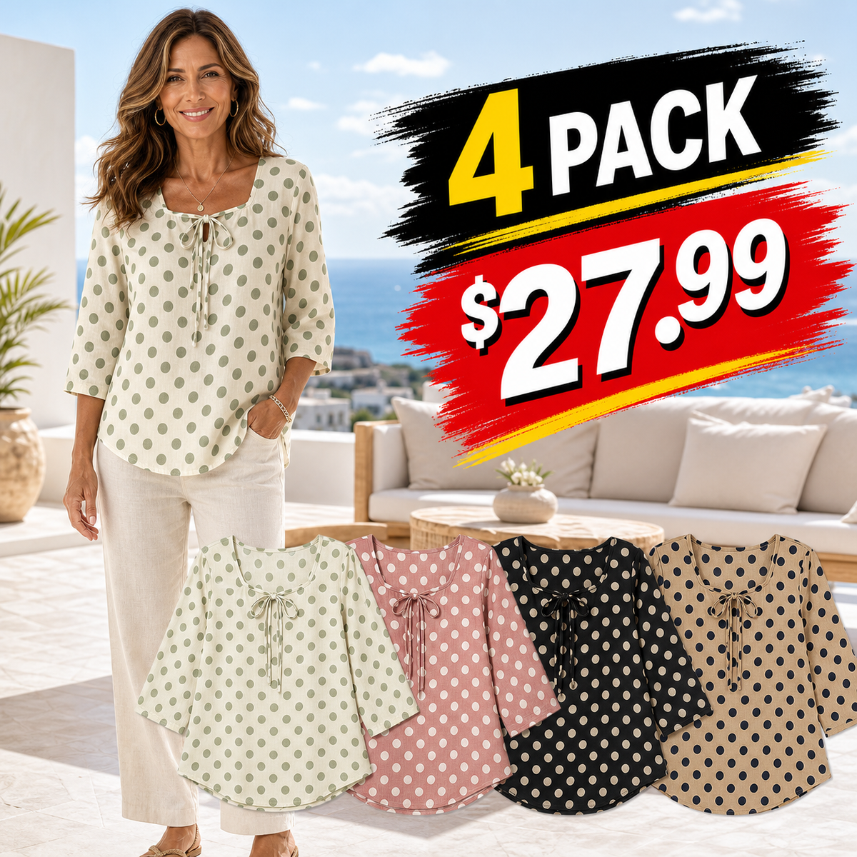 Women's Polka Dot Tie-Front Blouse
