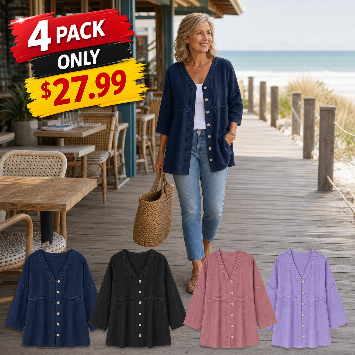 Women's Relaxed Embroidered Button-Front Cardigan Blouse