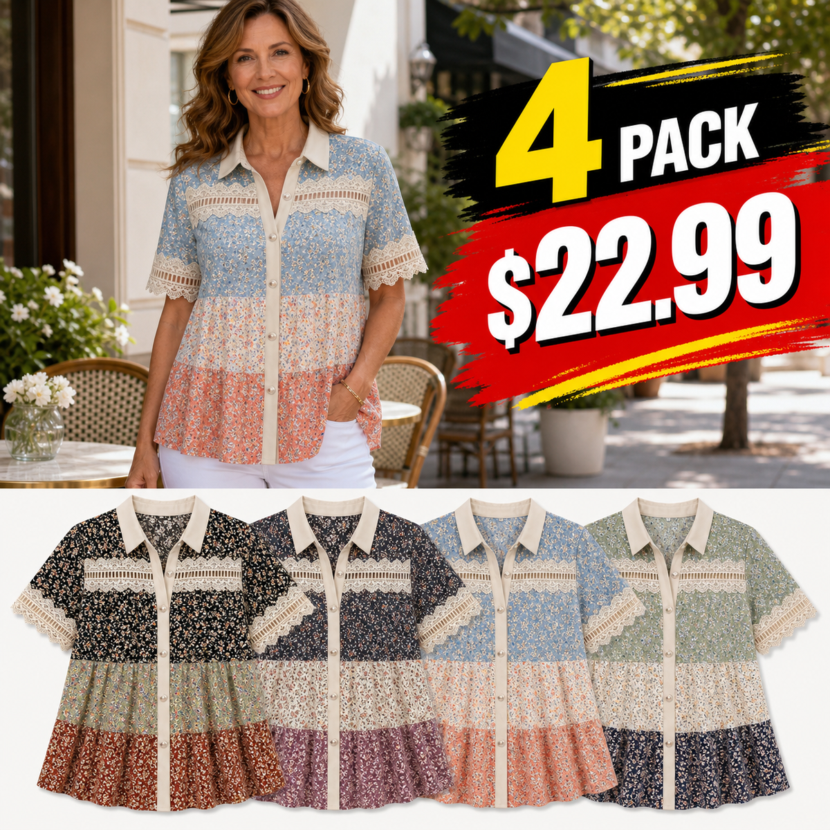 Women's Patchwork Lace Button-Front Blouse