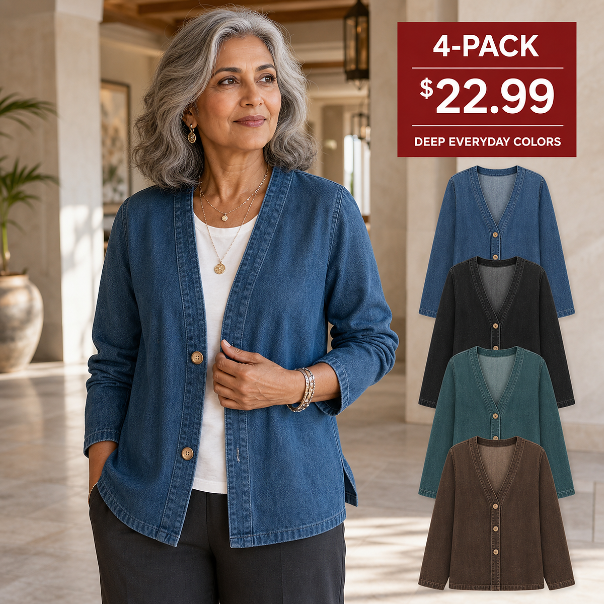Women's Relaxed Denim-Look Button Cardigan Jacket