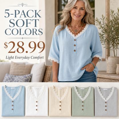 Women's Lace Trim V-Neck Button Short Sleeve Blouse