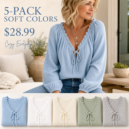 Women's Textured Knit V-Neck Tie-Front Long Sleeve Top