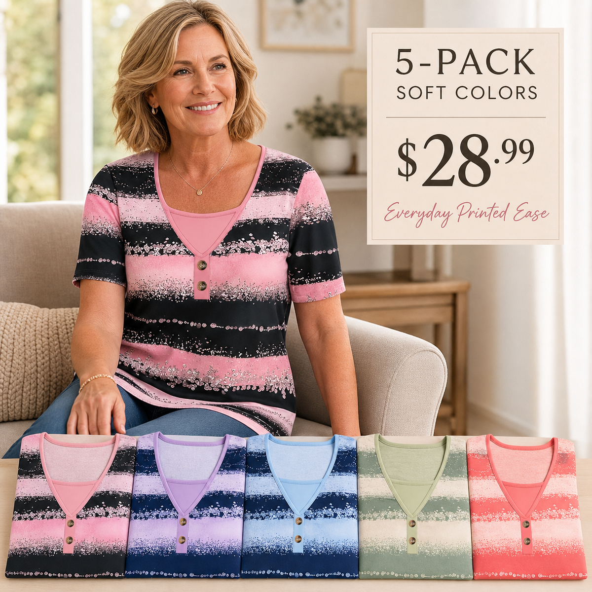 Women's Printed Stripe Short Sleeve Henley Top
