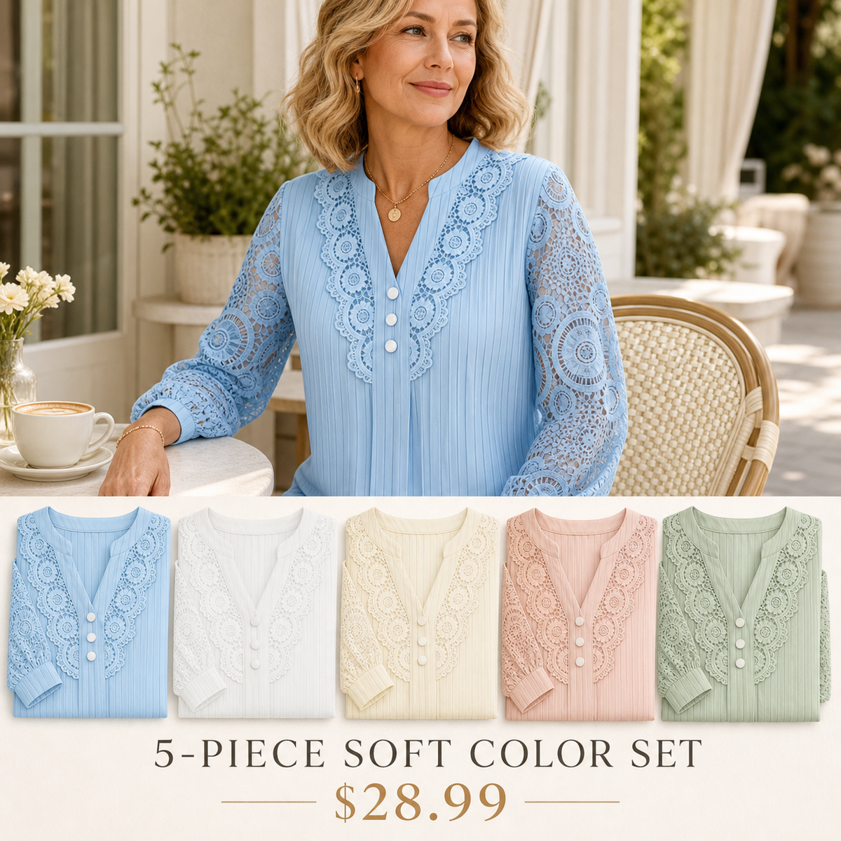 Women's Pleated Lace V-Neck Long Sleeve Blouse