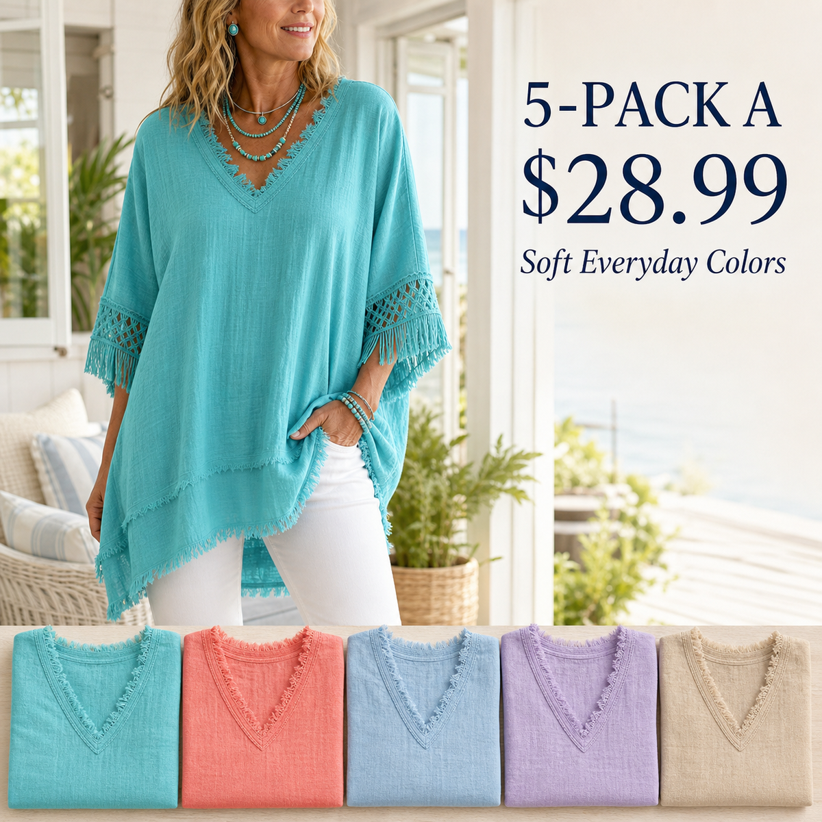 Women's Fringed Lace Sleeve V-Neck Tunic Top
