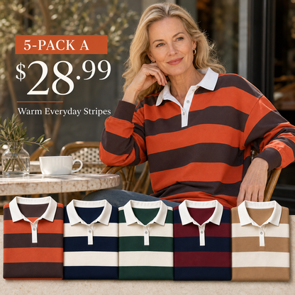 Women's Relaxed Striped Rugby Polo Long Sleeve Top