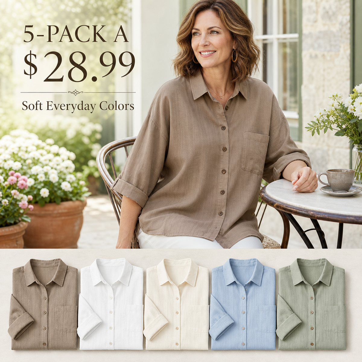 Women's Relaxed Button-Front Three-Quarter Sleeve Shirt Blouse