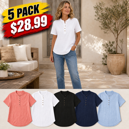Women's Linen-Blend Short Sleeve Henley Top