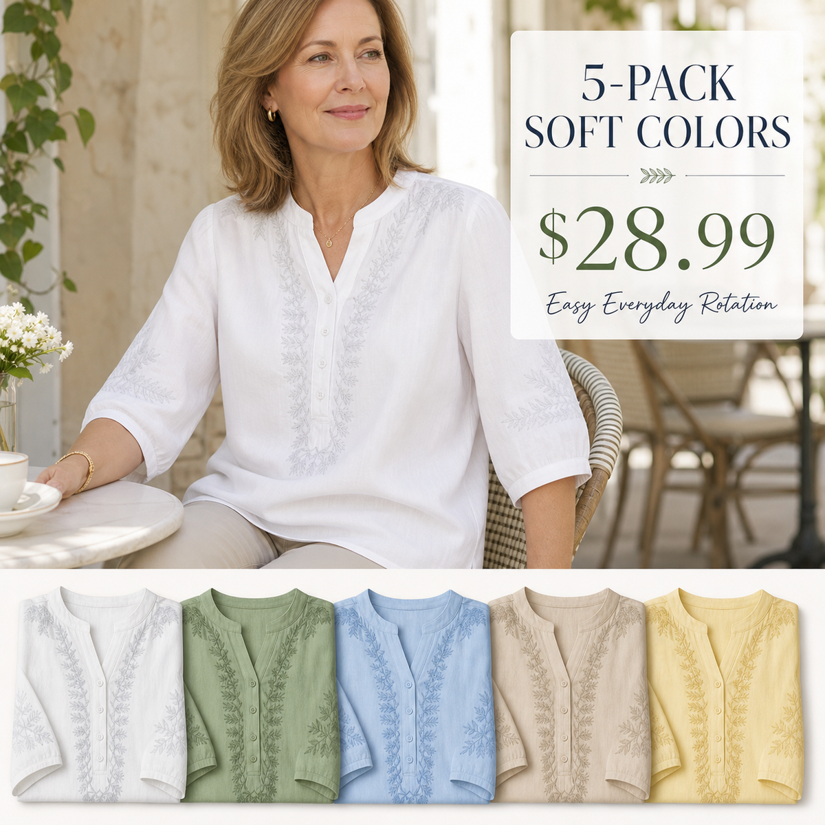 Women's Embroidered Linen-Look V-Neck Blouse