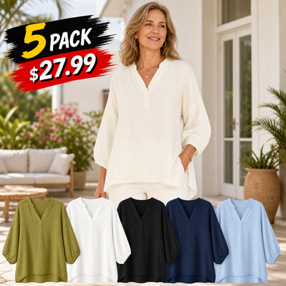 Women's Relaxed Linen-Blend V-Neck Tunic Blouse