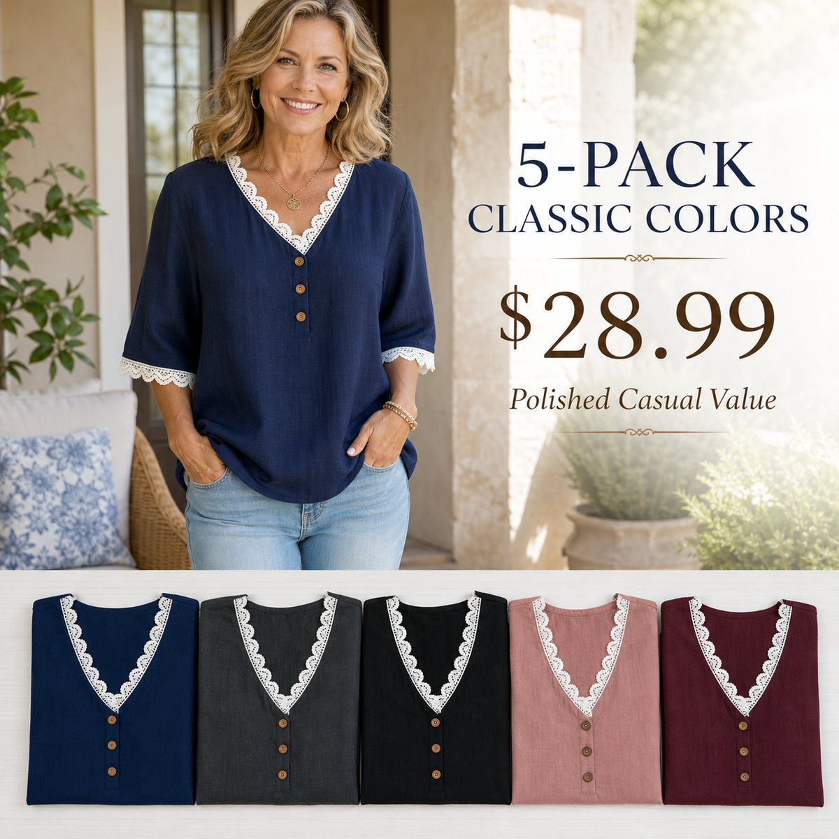 Women's Lace Trim V-Neck Button Short Sleeve Blouse