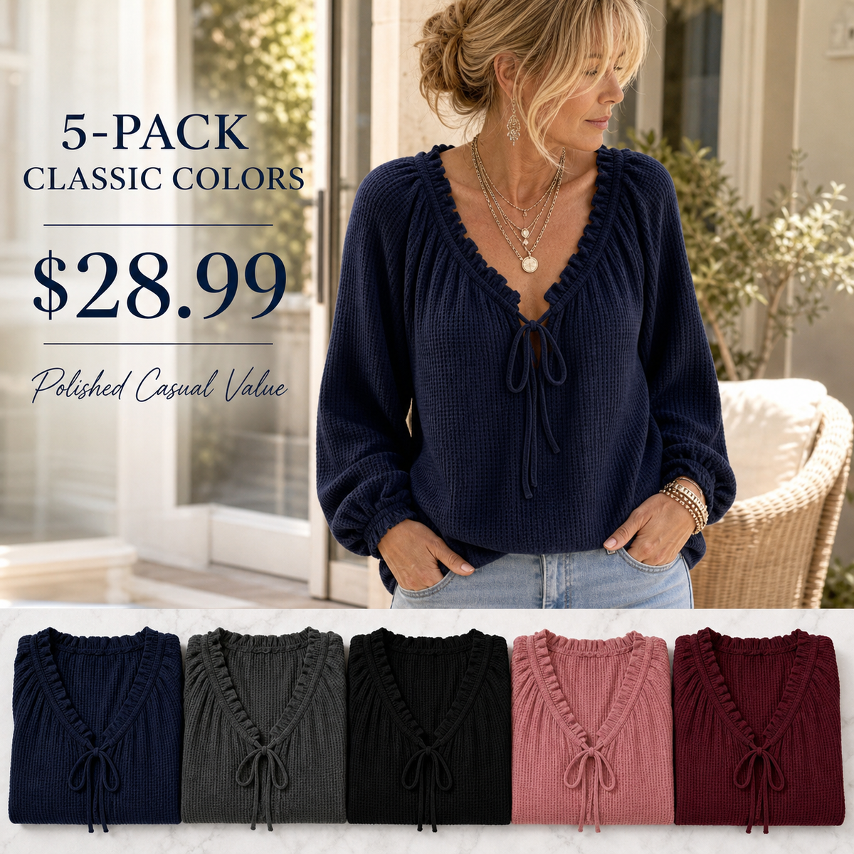 Women's Textured Knit V-Neck Tie-Front Long Sleeve Top