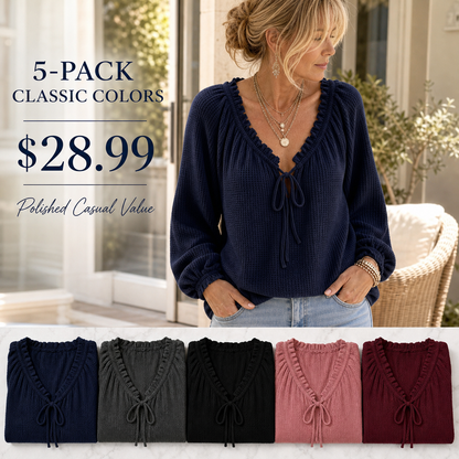 Women's Textured Knit V-Neck Tie-Front Long Sleeve Top