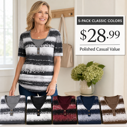 Women's Printed Stripe Short Sleeve Henley Top