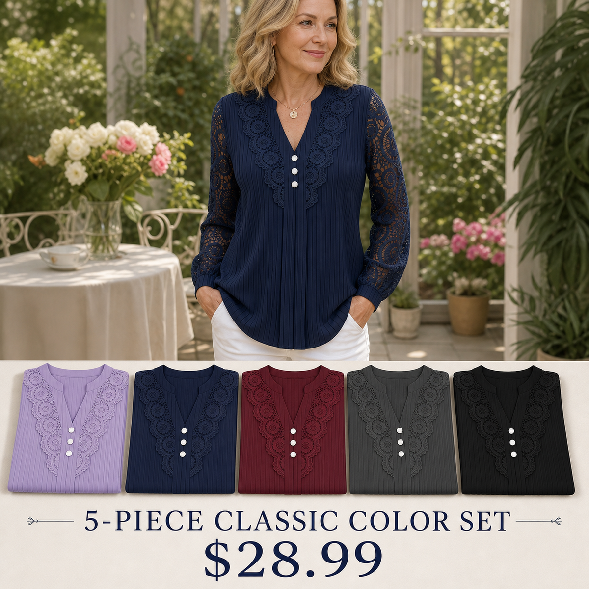 Women's Pleated Lace V-Neck Long Sleeve Blouse