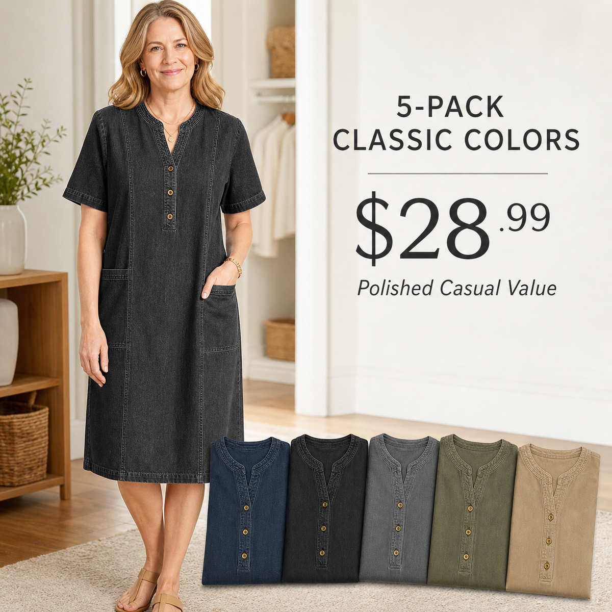 Women's Short Sleeve Denim Henley Pocket Dress