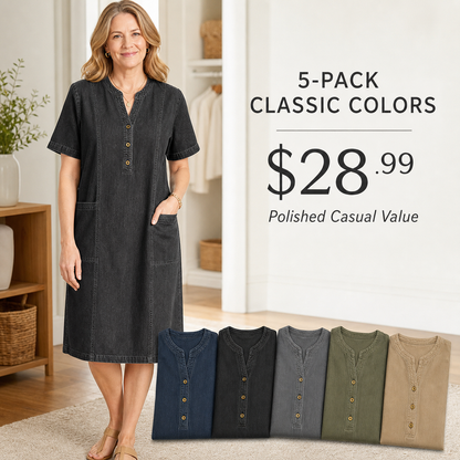 Women's Short Sleeve Denim Henley Pocket Dress