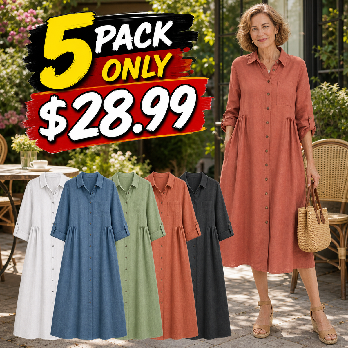 Women's Relaxed Button-Front Midi Shirt Dress