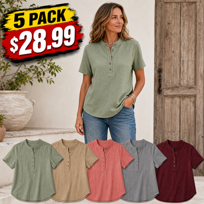 Women's Linen-Blend Short Sleeve Henley Top