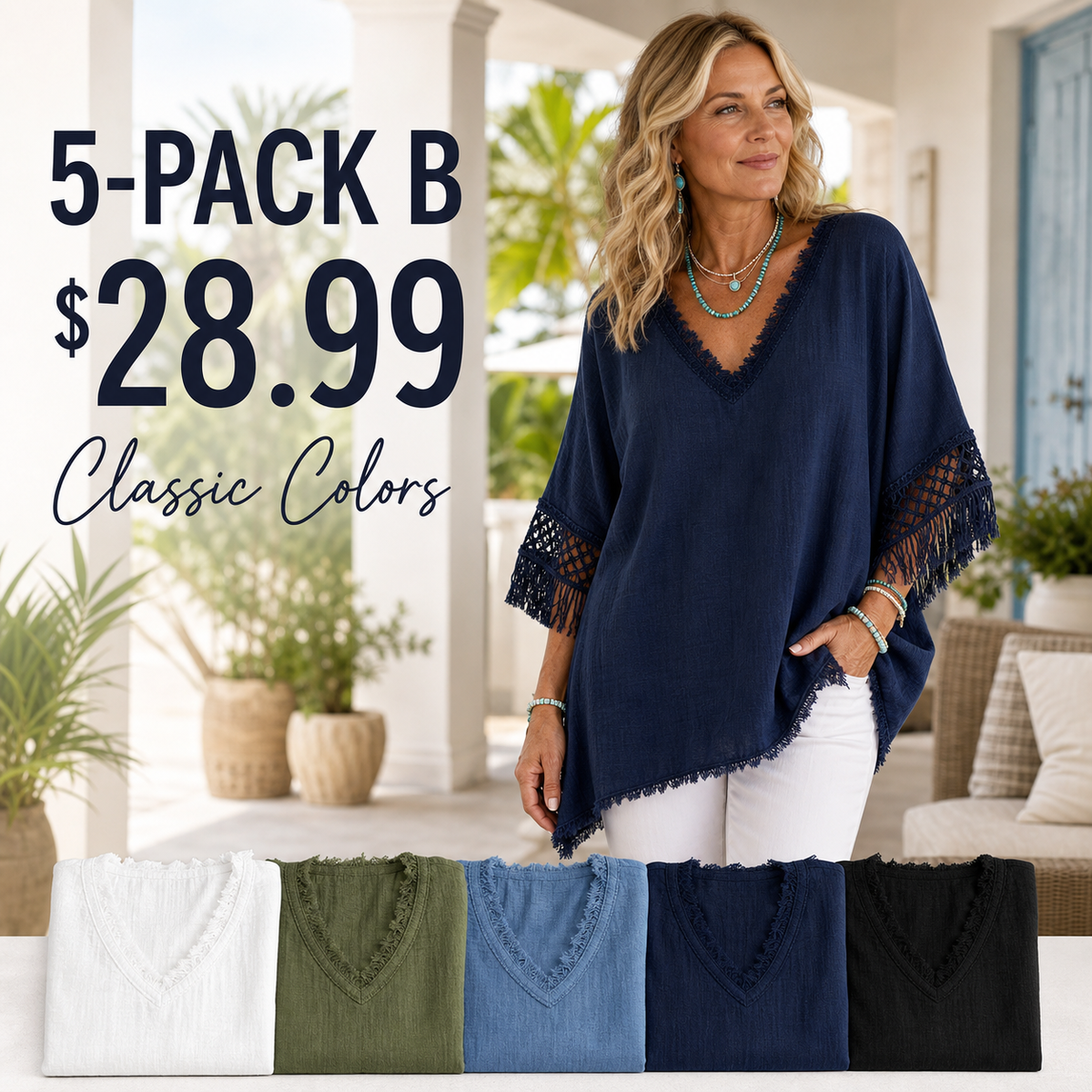 Women's Fringed Lace Sleeve V-Neck Tunic Top