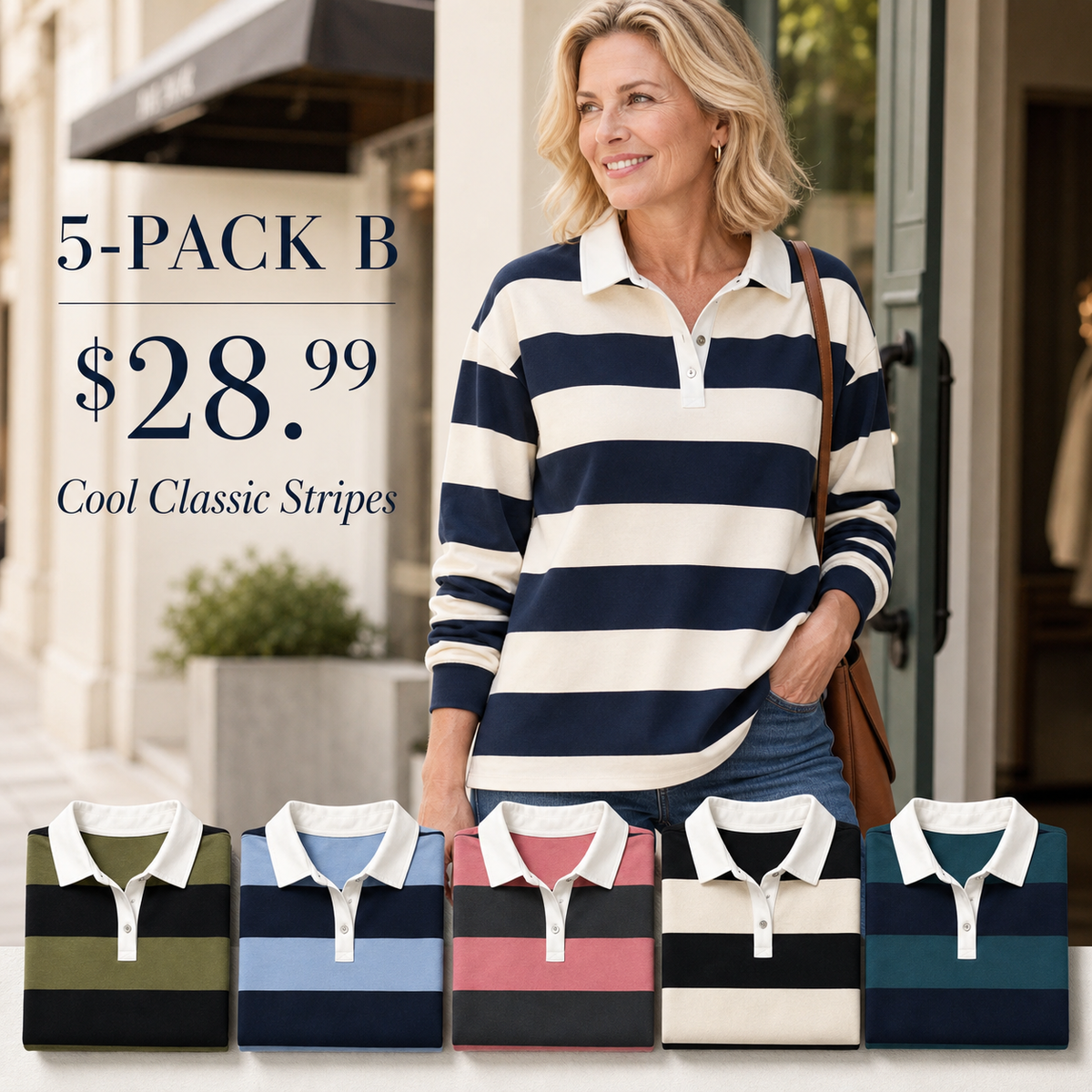 Women's Relaxed Striped Rugby Polo Long Sleeve Top