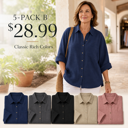 Women's Relaxed Button-Front Three-Quarter Sleeve Shirt Blouse