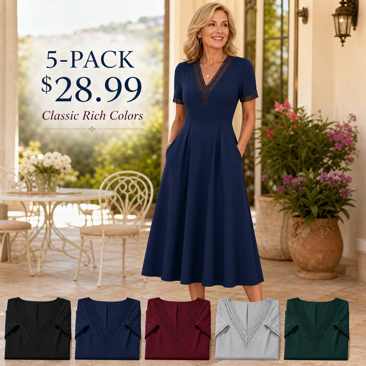 Women's Lace-Trim V-Neck Midi Dress
